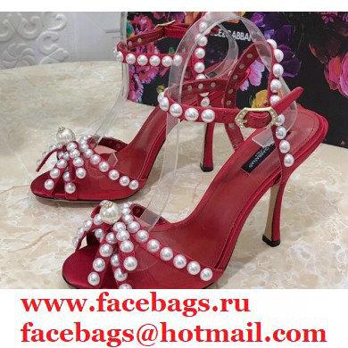Dolce & Gabbana Heel 10.5cm Satin Sandals Red with Pearl Application 2021